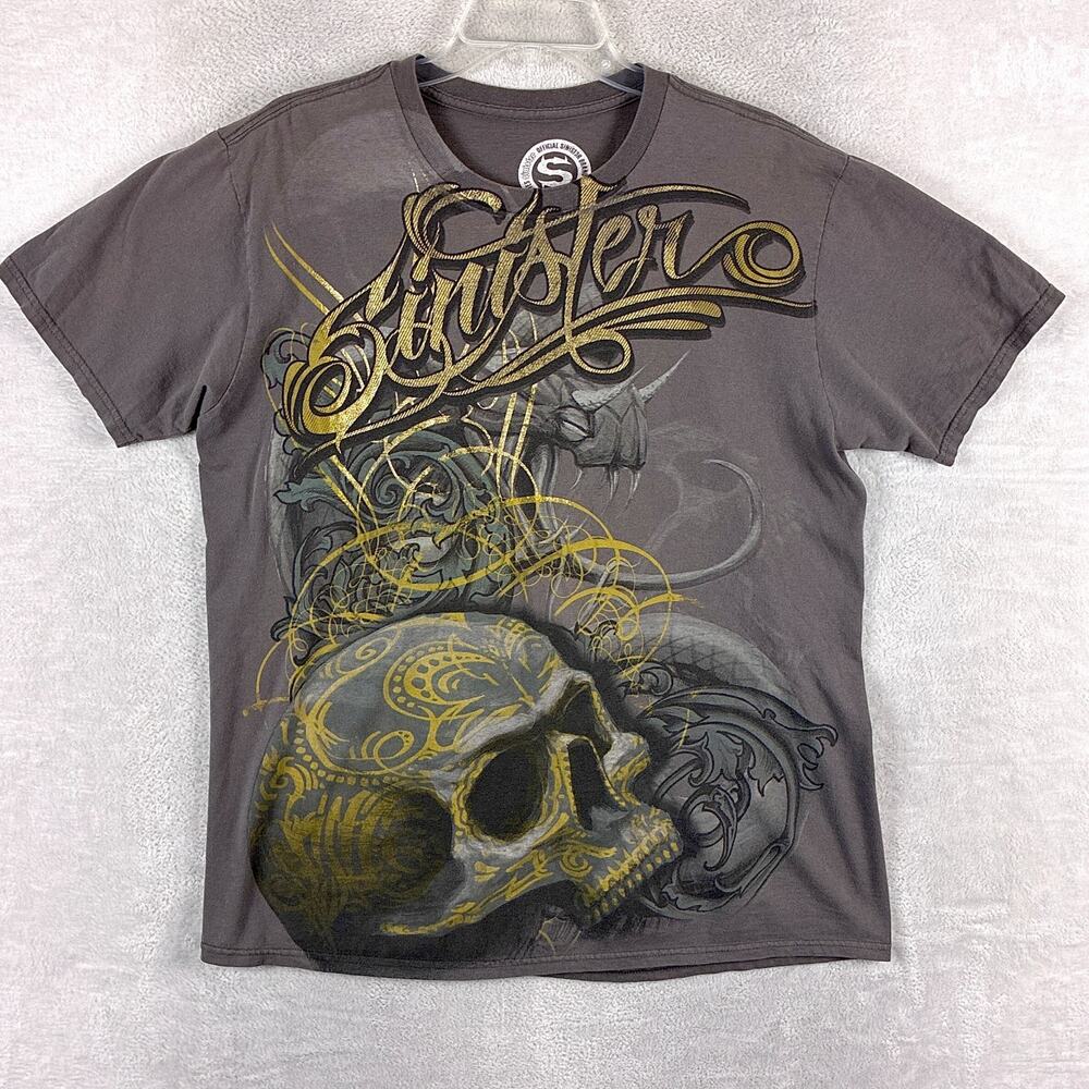 VTG Sinister Tshirt Mens L Gray Skull Dragon AOP Punk Streetwear Going Out Y2K